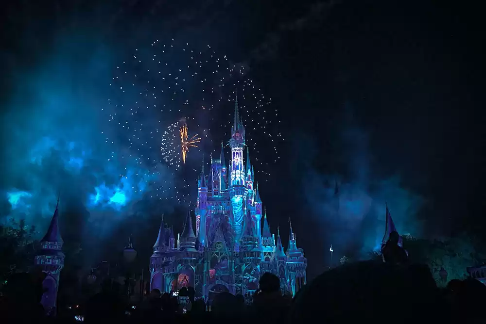 Cinderella’s Castle at night with fireworks